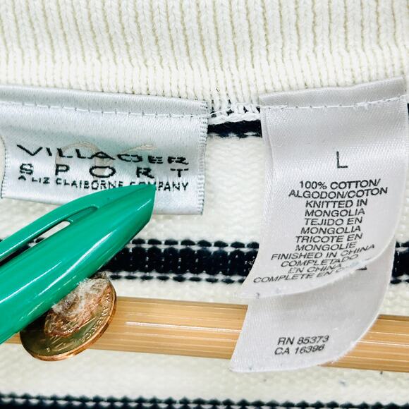 Vintage 90s Preppy White Black Stripe Cotton Quarter Zip Sweater - Picture 6 of 7